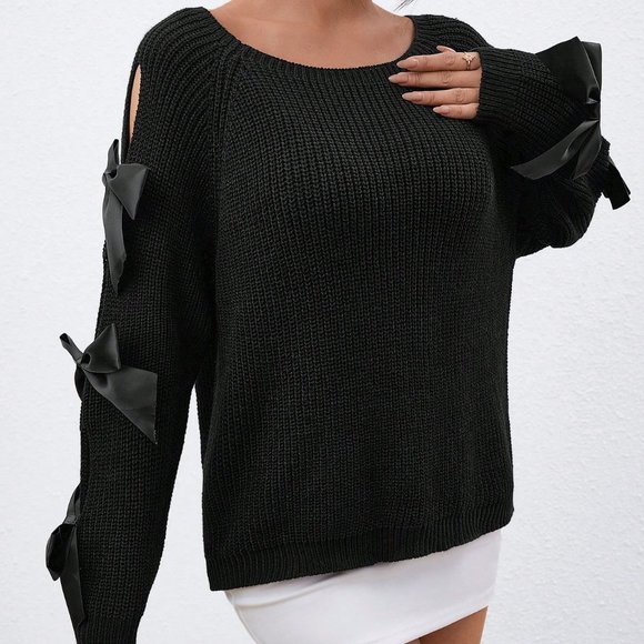 Black Preppy Womens Bow Detail Cut Out Raglan Sleeve Sweater - Picture 5 of 5